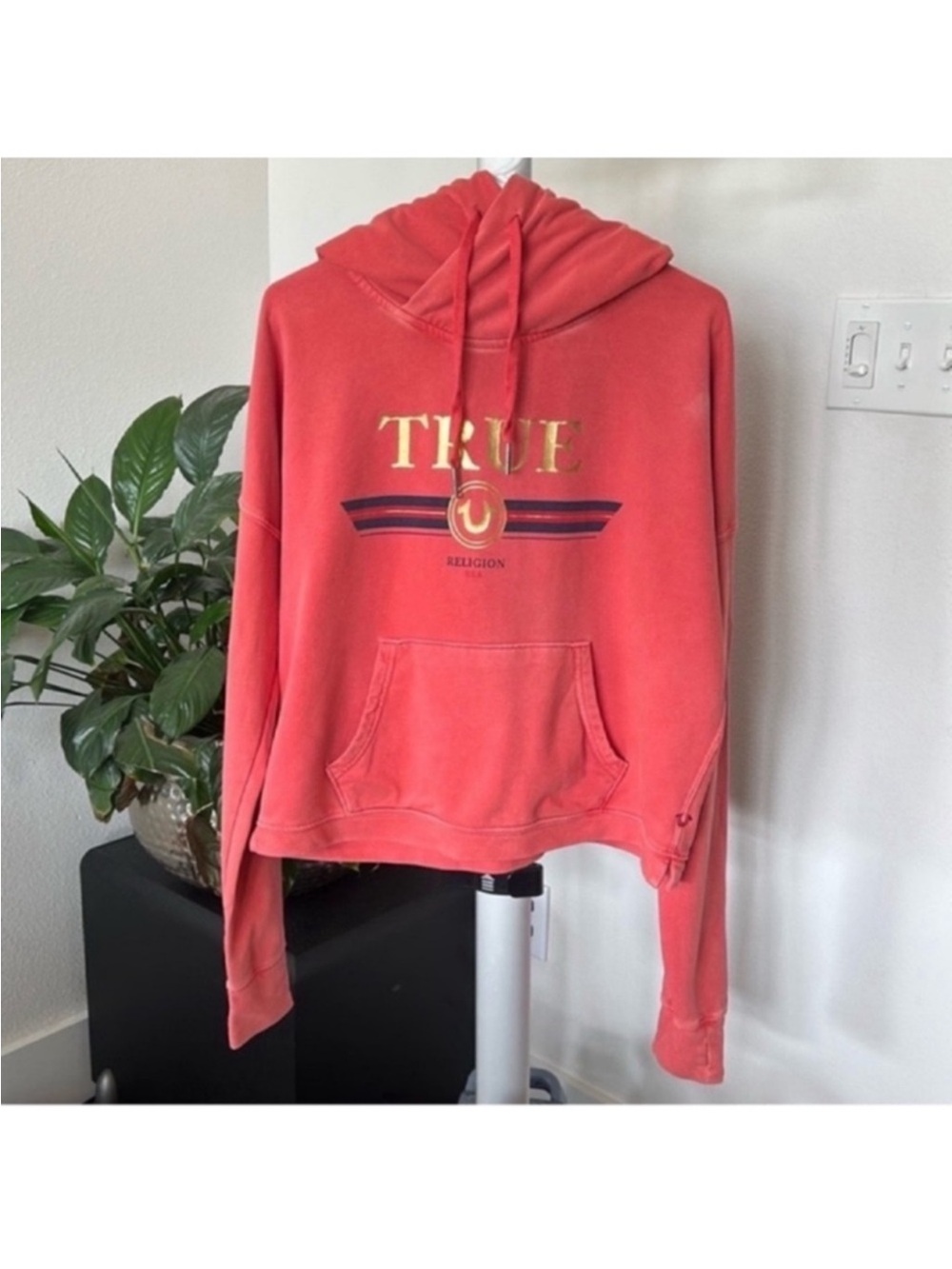 True Religion Gold Horseshoe Logo oversized sweatshirt hoodie Sz M Faded Red